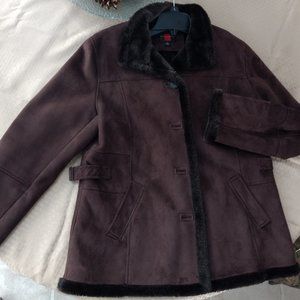 Dark Brown Chocolate Faux Fur Lined Suede Coat-NEW